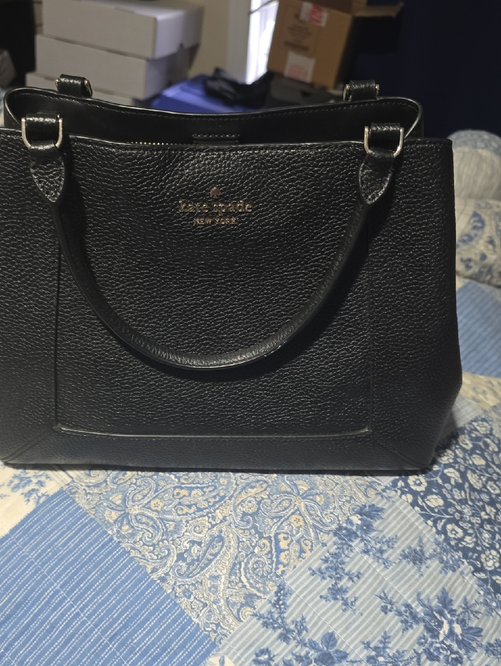kate spade Black Pebbled Leather LENA medium Satchel Tote with Gold Logo